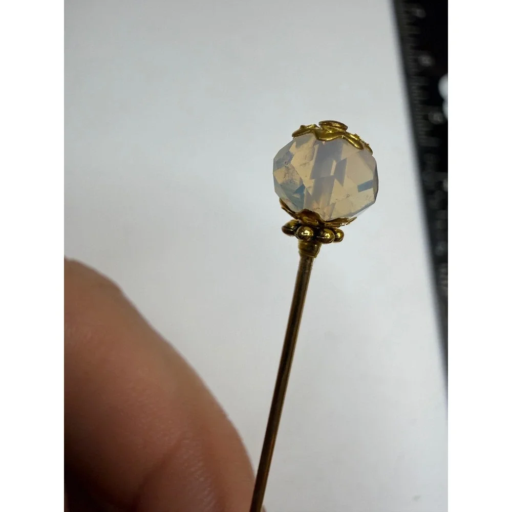 Vintage Iridescent Opaline Glass Bead Stick Pin Gold Tone Filigree Lapel Pin